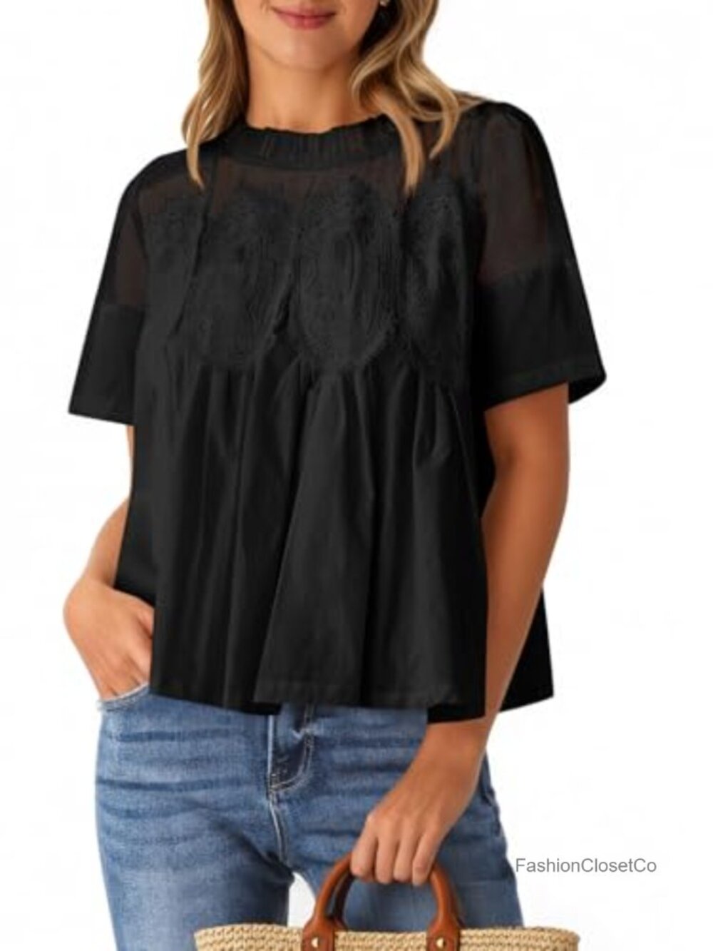 Women's Lace Babydoll Blouse Short Ruffle Sleeve Peplum Flowy Top Polyester